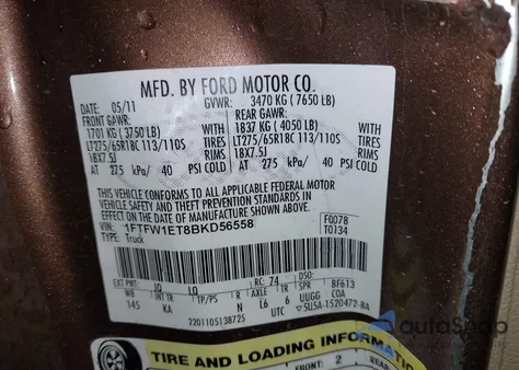 2011 Ford F-150 King Ranch from USA, damaged, VIN 1FTFW1ET8BKD56558